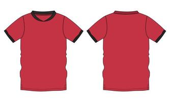 maglietta raglan a manica corta tecnica moda schizzo piatto illustrazione vettoriale modello colore rosso viste anteriore e posteriore.