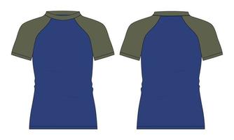 t-shirt slim fit raglan a maniche corte di colore blu e verde bicolore, disegno tecnico piatto, illustrazione vettoriale modello vista anteriore e posteriore.