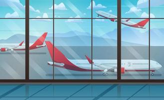 una stanza con pareti di vetro e un aereo in volo fuori dalla finestra