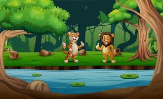 simpatico cartone animato una tigre e un leone in piedi e che mostrano i pollici in su in riva al fiume vettore