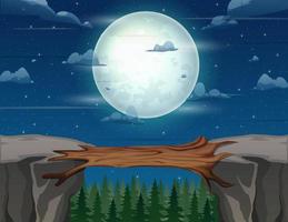 ponte di tronchi tra le montagne sopra la scogliera nel paesaggio di picchi rocciosi con la luna piena vettore