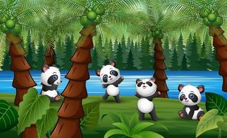 simpatico cartone animato panda felice che gioca in una foresta di palme vettore