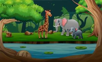 cartone animato di animali selvatici in uno sfondo di foresta vettore