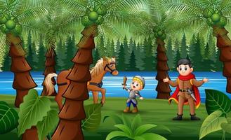 illustrazione di un principe e un piccolo cavaliere in una foresta vettore