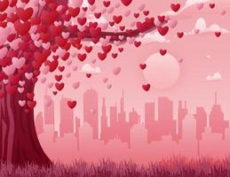 sfondo di san valentino con un albero del cuore e un paesaggio urbano vettore