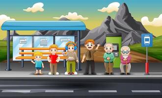 illustrazione di molte persone alla fermata dell'autobus vettore