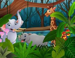 animali selvatici dei cartoni animati che giocano nella giungla vettore