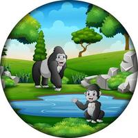 cartone animato gorilla con cuccioli in cornice rotonda vettore