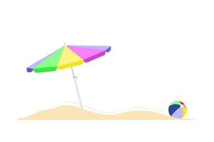 ombrellone colorato sulla spiaggia sabbiosa e palla isolata su sfondo bianco. copia spazio. illustrazione vettoriale