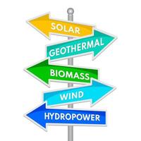 concetto di energia rinnovabile. parole solari, geotermiche, biomasse, eoliche, idroelettriche sul cartello isolato. illustrazione vettoriale