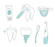 set di una linea per cure dentistiche. set di disegni al tratto dei denti. illustrazione vettoriale dell'impianto di contorno. collezione di spazzolini da denti a una linea.