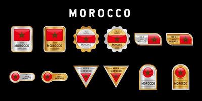 realizzato in Marocco etichetta, timbro, distintivo o logo. con la stella e la bandiera nazionale del Marocco. sui colori platino, oro e argento. emblema premium e di lusso vettore