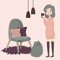 ragazza carina con gatto bere caffè caldo tè cacao. accogliente stile di casa invernale.hygga. illustrazione in stile cartone animato. vettore