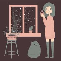 ragazza carina con gatto vicino alla finestra e bere caffè caldo tè cacao. accogliente inverno. illustrazione in stile cartone animato.