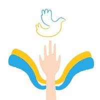 simbolo della pace colomba bianca e mano in aria con il nastro nei colori della bandiera ucraina sulla mappa dell'ucraina. sostenere il concetto di Ucraina. illustrazione piatta vettoriale isolata su sfondo bianco.