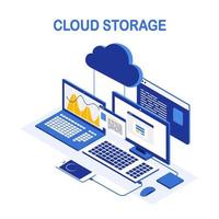 tecnologia di archiviazione cloud. backup dei dati. laptop isometrico, computer con telefono. servizio di hosting. disegno vettoriale