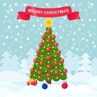 albero di natale decorato con scatole regalo, stella, luci, palline decorative. buon Natale e Felice Anno nuovo vettore