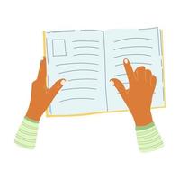 mani con libro in stile piatto cartone animato. concetto di giornata mondiale del libro, studio, apprendimento. illustrazione vettoriale di dizionario aperto, enciclopedie, pianificatore