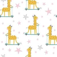 senza cuciture con giraffa carina su uno scooter. stampa per bambini. illustrazione disegnata a mano di vettore. vettore