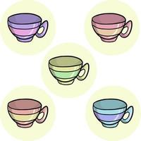 raccolta di carte rotonde. un set di tazze colorate per tè o caffè per la colazione. un set di sei tazze di diversi colori. illustrazione vettoriale