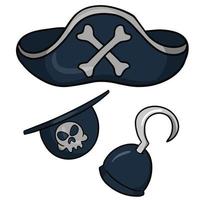 una serie di immagini a tema pirata per una vacanza e decorazioni, una benda sull'occhio con un teschio, un cappello da pirata con ossa incrociate, illustrazione vettoriale