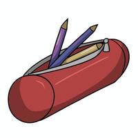 illustrazione vettoriale, astuccio rosso per materie scolastiche scritte, penne colorate e matite in un astuccio, su sfondo bianco