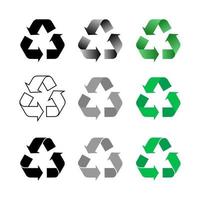 icona di riciclo. set di segni di riciclaggio, icona di riciclo della freccia isolata su sfondo bianco. riciclare la raccolta di icone. riciclaggio di simboli ambientali. segno di riciclaggio. illustrazione vettoriale