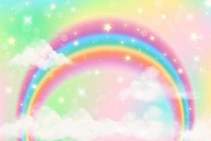 sfondo di unicorno arcobaleno fantasia olografica con nuvole. cielo color pastello. paesaggio magico, modello astratto favoloso. simpatica carta da parati con caramelle. vettore.
