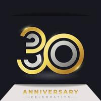 Celebrazione dell'anniversario di 30 anni con linee multiple collegate di colore dorato e argento per eventi celebrativi, matrimoni, biglietti di auguri e inviti isolati su sfondo scuro vettore