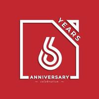 Design in stile logotipo di celebrazione dell'anniversario di 6 anni con numero collegato in quadrato isolato su sfondo rosso. il saluto di buon anniversario celebra l'illustrazione del design dell'evento vettore