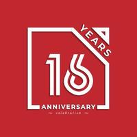 16 anni anniversario celebrazione logotipo stile design con numero collegato in quadrato isolato su sfondo rosso. il saluto di buon anniversario celebra l'illustrazione del design dell'evento vettore