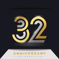 Celebrazione dell'anniversario di 32 anni con linee multiple collegate di colore dorato e argento per eventi celebrativi, matrimoni, biglietti di auguri e inviti isolati su sfondo scuro
