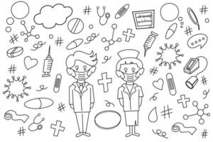 illustrazione vettoriale disegno a mano medico con infermiere e attrezzature mediche