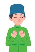illustrazione di posa di preghiera del ragazzo musulmano di bell'aspetto design piatto. ramadan kareem eid mubarak vettore