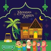 Celebrazione di eid al fitr ramadan kareem. famiglia musulmana del fumetto piatto nella casa di villaggio tradizionale con l'illustrazione decorativa islamica del modello vettore