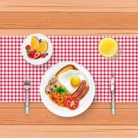 menu della colazione con uova fritte, frutta e tazza di caffè nero su tavola di legno vettore