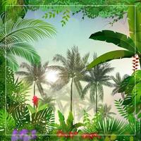 paesaggio mattutino tropicale con palme e foglie