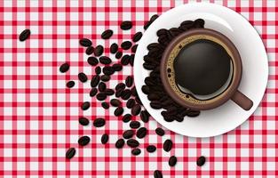 tazza di caffè con chicchi di caffè su uno sfondo di tovaglia vettore