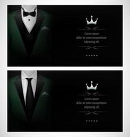 set di modelli di biglietti da visita in smoking verde con abiti da uomo e cravatta nera