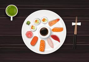 sushi, cibo giapponese su sfondo di tavolo in legno scuro vettore