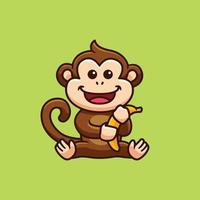 piccola scimmia sveglia che sorride tenendo un'illustrazione del fumetto della banana isolata vettore