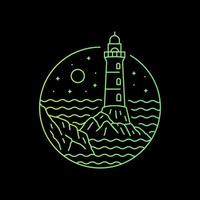 design del faro sulla vista del tramonto in mono line art per t-shirt, badge, adesivi, ecc vettore