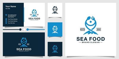modello di logo di frutti di mare con cucchiai e forchette per formare pesce e biglietto da visita design vettore premium