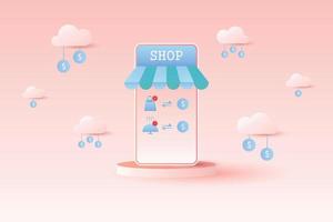 moderna piattaforma di transazione digitale sul concetto di negozio online di smartphone con sfondo color pastello. vettore