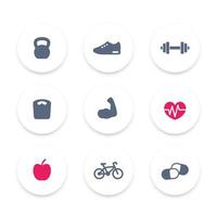 icone fitness, semplici pittogrammi fitness, segni, icone rotonde, illustrazione vettoriale