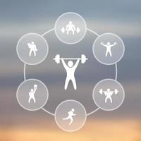 palestra, allenamento, esercizi di fitness icone trasparenti, illustrazione vettoriale