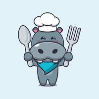 simpatico personaggio dei cartoni animati della mascotte del cuoco unico dell'ippopotamo che tiene cucchiaio e forchetta vettore