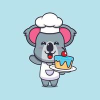 simpatico personaggio dei cartoni animati della mascotte del cuoco unico del koala con la torta vettore