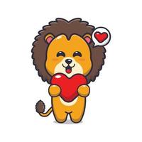 simpatico personaggio dei cartoni animati di leone che tiene il cuore di amore vettore
