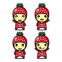 raccolta di set di simpatici personaggi di design mascotte fragola. Isolato su uno sfondo bianco. simpatico personaggio mascotte logo idea bundle concept vettore